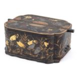 Japanese black lacquered and gilt jewellery box finely decorated with cranes and foliage having