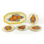 Clarice Cliff Bizarre four place sandwich set, hand painted in the Gayday pattern, the sandwich