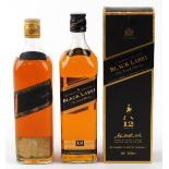 Two bottles of Johnnie Walker Black Label Old Scotch whisky, one with box.