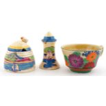 Clarice Cliff, Art Deco pottery comprising a teacup hand painted in the Gayday pattern, a salt