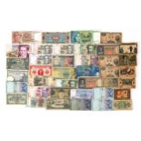 Quantity of vintage world banknotes including 1943 Denmark five krone, 1943 Netherlands one