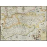 Antique Christopher Saxton coloured map of Essex, framed and glazed, 45cm x 59cm.
