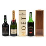 Three bottles of alcohol comprising a Bottle of Moët & Chandon Champagne, a Cockburn's 1996 Late