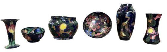 ROYAL STANLEY WARE POTTERY - SIX ASSORTED JACOBEAN PATTERN BOWLS AND VASES