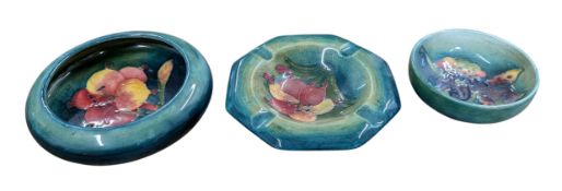 MOORCROFT POTTERY - THREE LATE 20TH CENTURY FREESIA & ORCHID PATTERN ITEMS