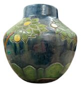 BELIEVED FRENCH POTTERY - ART NOUVEAU HAND PAINTED STONEWARE PLANTER VASE