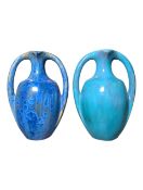 PIERREFONDS, FRANCE - TWO MOTTLED CRYSTALLINE GLAZED TWIN-HANDLED VASES