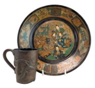 20TH CENTURY JAPANESE BRONZE CUP AND A JAPANESE LACQUERED PLATE