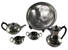 ARTS & CRAFTS FIVE PIECE HAMMERED PEWTER TEA SERVICE