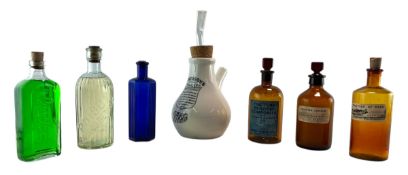SEVEN 19TH & 20TH CENTURY COLOURED GLASS MEDICINE BOTTLES AND INHALERS