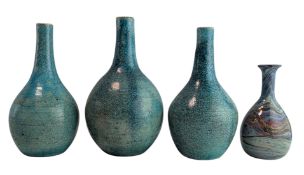 THREE 20TH CENTURY ENGLISH CHINESE CRACKLED STYLE CERAMIC BOTTLE VASES & A GLASS VASE