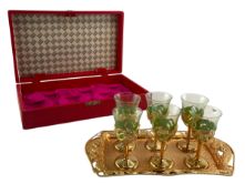 CASED SET OF SIX VINTAGE JAPANESE GOLD METAL & GLASS 'NIKKO DRAGON SAKE SET
