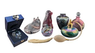 COLLECTION OF LATE 20TH CENTURY STUDIO GLASS PAPERWEIGHTS, VASE & SCENT BOTTLES