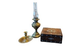 VICTORIAN WRITING SLOPE & OIL LAMP WITH BRASS