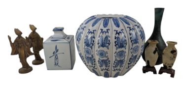 PAIR OF MID CENTURY JAPANESE CAST IRON GEISHA & AN INDIAN BRONZE VASE