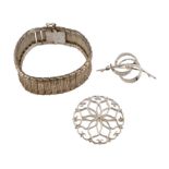 WEST GERMAN 1970S SILVER BRACELET & TWO SILVER BROOCHES