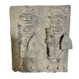 BENIN PEOPLE, NIGERIA BRONZE PLAQUE WITH TWO OBA WARRIORS HOLDING WEAPONS