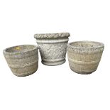 PAIR OF RECONSTITUTED STONE GARDEN PLANTERS AND ONE OTHER