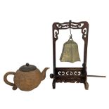 CHINESE CLAY / TERRACOTTA 'DRAGON' TEAPOT & A TABLE BELL