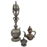 20TH CENTURY INDIAN WHITE METAL HOOKAH & A TIBETAN TEAPOT