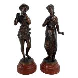PAIR OF VICTORIAN BRONZE SCULPTURES BOY WITH FLUTE & CLASSICAL LADY