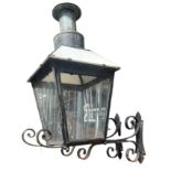 LATE 19TH / EARLY 20TH CENTURY IRON, CLEAR & MILK GLASS STREET WALL LANTERN LAMP