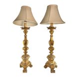 PAIR OF CONTINENTAL 19TH CENTURY GILTWOOD & GESSO ECCLESIASTICAL PRICKETS LAMPS