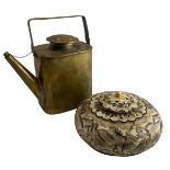 20TH CENTURY INDIAN BONE OPIUM / TOBACCO / SPICE BOX & A BRASS TEAPOT