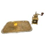 20TH CENTURY BRASS COFFEE GRINDER W/ EARLY 20TH CENTURY ART NOUVEAU STYLE BRASS TRAY