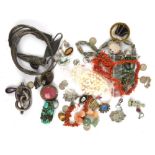 A group of mainly silver antique costume jewellery, moss agate beaded necklace, silver medals,