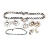 A mixed group of items, including two pairs of blister pearl earrings one in silver the other