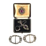 A group of antique paste set jewellery, including a pair of French paste set buckles with bow