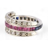 Day and night ring, set with table cut synthetic rubies and sapphire and round cut white paste