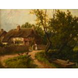 Rubens Arthur Moore (British late 19th / early 20th Century), mother and child by a thatched