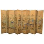 A Korean, or other Asian, ten leaf screen, pigment on silk. Each panel 199 x 44cm,