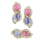 A pair of 1960s sapphire, tourmaline and diamond earrings and clip, by Bulgari