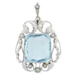 A gold aquamarine and split pearl pendant, by Georg Jensen
