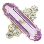 A pink topaz ring, with old-cut diamond trefoil sides