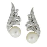 A pair of mid 20th century platinum and 18ct gold, pearl and diamond earrings