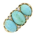 A late Victorian 18ct gold turquoise three-stone and diamond point spacer ring, by Child & Child