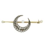 A late Victorian gold, seed pearl and diamond crescent moon brooch