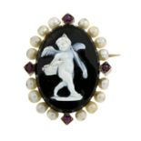 A 19th century gold, onyx cameo, seed pearl and ruby brooch