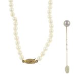 A cultured pearl stickpin & necklace