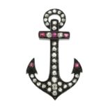 A late 19th century silver and gold, diamond and ruby anchor brooch