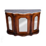 A small Victorian marquetry inlaid marble top credenza, the serpentine top over a door front flanked