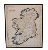 An original hand drawn and coloured map of Ireland, George Benjamin Baker, 50cm x 42cm, framed.
