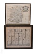 A John Ogilby Bristol to Chester map, uncoloured, 42cm x 49cm, framed, and a Robert Morden map of
