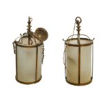 An attractive pair of Edwardian brass and frosted glass Ceiling Lanterns, with domed tops, each
