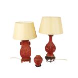A 19th Century cinnabar Vase, with dragon design, now on stand and converted to a Lamp, and