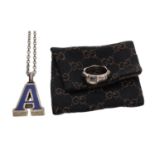 Gucci silver 'A' enamel pendant, signed, London 1971, the pendant 33mm x 23.5mm, on a metal